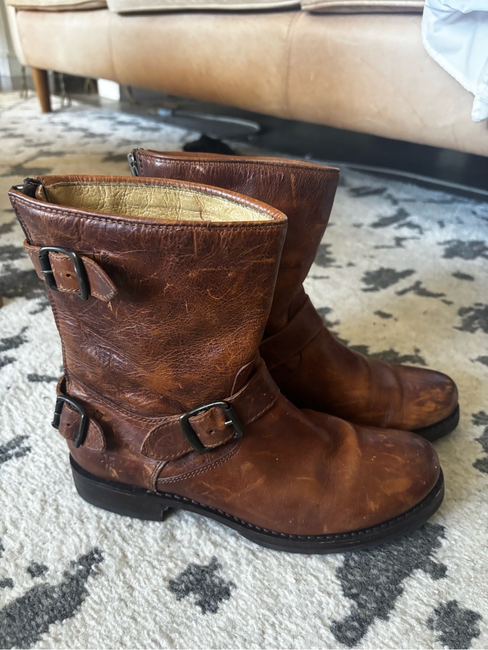 Frye Cognac Brown Leather Buckle Mid-Calf Boots
